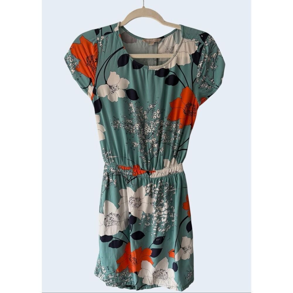 Banana Republic Floral Dress Size 0 Teal Orange Silk Feel Viscose Cap Sleeve